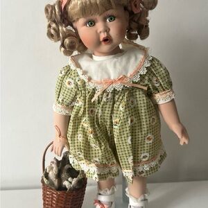 90s Porcelain Doll - basket of kittens